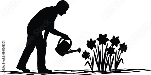 Silhouette man watering garden flowers representing care, growth, gardening activity, nature connection, peaceful outdoor lifestyle and plant nurturing concept