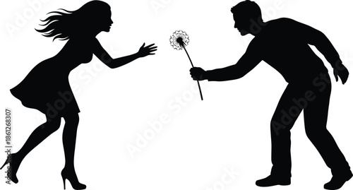 Silhouette man offering flower to woman symbolizing love, romance, affection, proposal, relationship connection and emotional gesture concept illustration