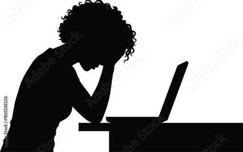 Silhouette stressed woman using laptop symbolizing burnout, mental health struggle, work pressure, anxiety, depression and emotional exhaustion concept illustration