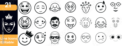 Diverse set of facial expressions and feelings illustrated as editable line icons