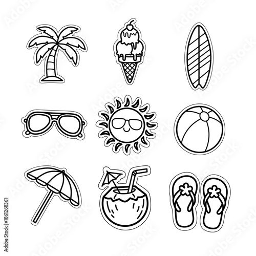 Summer Vacation and Beach Sticker Sheet Bundle. Printable vector set of sun, palm tree, and surfboard with white border.