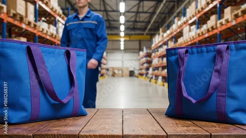 Worker walking in warehouse aisle between large blue storage bags