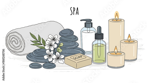Relaxing spa scene with aromatherapy oils, candles, soap, and smooth stones for a serene and rejuvenating experience