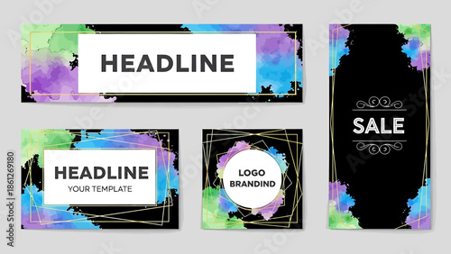 Modern Abstract Watercolor Design Templates with Gold Accents for Versatile Branding, Advertising, and Social Media Graphics