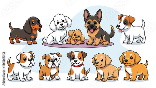 A charming collection of adorable puppies of various breeds depicted in a delightful illustration