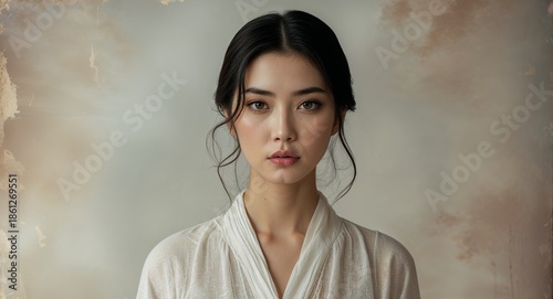 white retro serious on faded neutral portrait background asian woman portrait fashion style concept photoshoot for banner
