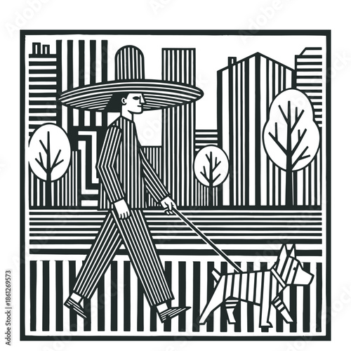 A figure with a large hat walking a dog on a striped leash