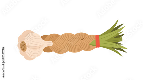 An illustrative depiction of a freshly braided garlic string, showcasing its traditional preparation and vibrant green leaves, a culinary staple for