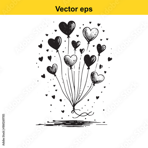A charming black and white hand drawn sketch of a bunch of heart balloons