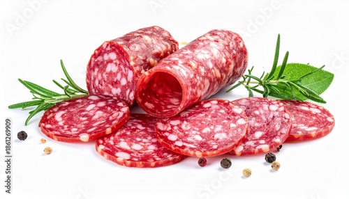 Sliced salami with marbled red meat and white fat, two whole pieces behind, garnished with rosemary, basil, and peppercorns on white background.