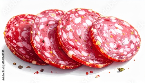 Sliced salami with marbled red meat and white fat, two whole pieces behind, garnished with rosemary, basil, and peppercorns on white background.