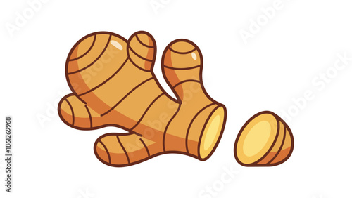 A charming cartoon representation of a whole ginger rhizome alongside a perfectly cut vibrant slice highlighting its spicy flavorful essence in a