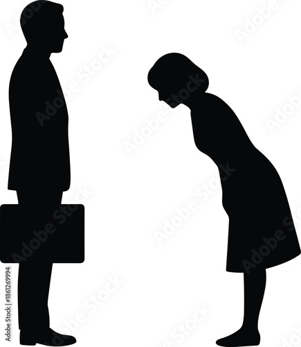 Silhouette woman bowing respectfully to man with briefcase symbolizing apology, respect, humility, workplace ethics and formal social interaction concept