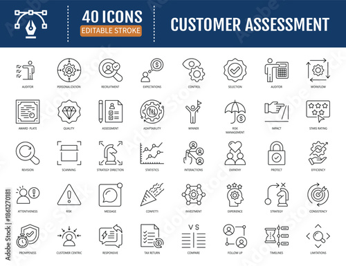 Customer assessment icon set. Includes service, feedback, satisfaction, survey, evaluation, quality, experience. Vector illustration with editable strokes