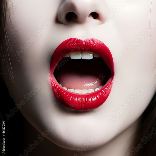 Close-up of vibrant red lips open mouth, showcasing glossy texture and white teeth