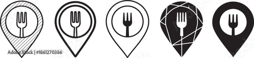 Restaurant Location Pin Icon Set – Food Map Marker Variations Line and Solid Style