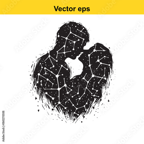 Cosmic love silhouette of a couple embracing with constellation pattern