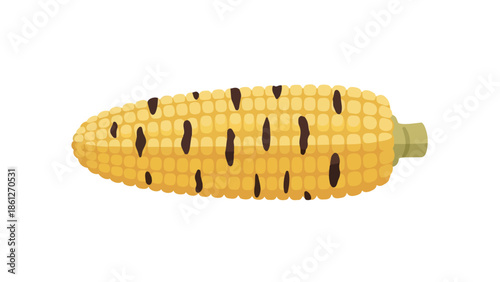 A beautifully rendered vector illustration of a single yellow corn cob, expertly grilled with appealing dark char marks, perfect for summer menus