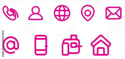 Business card icon set in line style. Contact information, Home, Phone, Location, Address, Website, mail, fax, user simple black style symbol sign for apps and website.