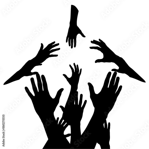 Silhouetted hands reaching, illustrating support, assistance, and community on white dotted background