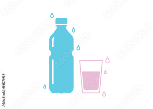 Water Bottle and Glass with Droplets in a Colorful Icon Set. Outline and Solid Symbols for Clean Water and Staying Hydrated. Stroke is Editable. Isolated Vector Illustration.