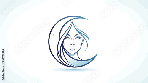 Enchanting lunar goddess portrait logo design combining a serene woman's face with long flowing hair integrated into a delicate crescent moon icon, elegant and mystical illustration