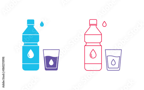 Set of Icons with a Water Bottle and Glass featuring Droplets Line and Colorful Design. Symbols for Clean Water and Staying Hydrated in Outline and Solid. Stroke can be Edited. Vector Illustration