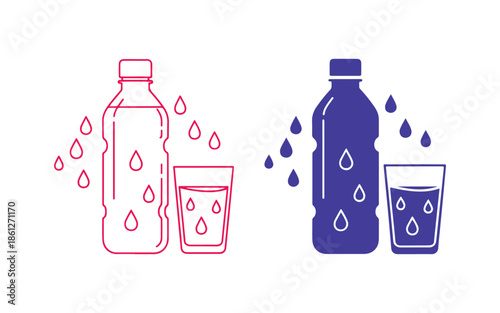 Icon Set featuring a Water Bottle and Glass with Droplets Line and Colorful Design. Outline and Solid Symbol for Clean Water and Staying Hydrated. Editable Stroke. Vector Illustration Isolated.
