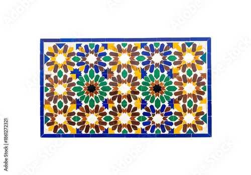 Blue and orange Moroccan geometric mosaic tile png on transparent background