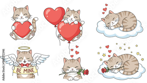 Adorable whiskered kitten characters expressing love and sweet dreams, perfect for Valentine's Day designs and charming romantic illustrations
