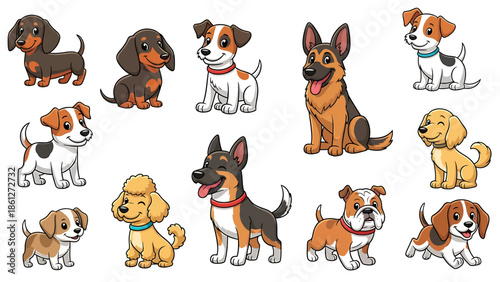 A charming collection of various dog breeds, featuring playful pups and adult dogs in a delightful cartoon style