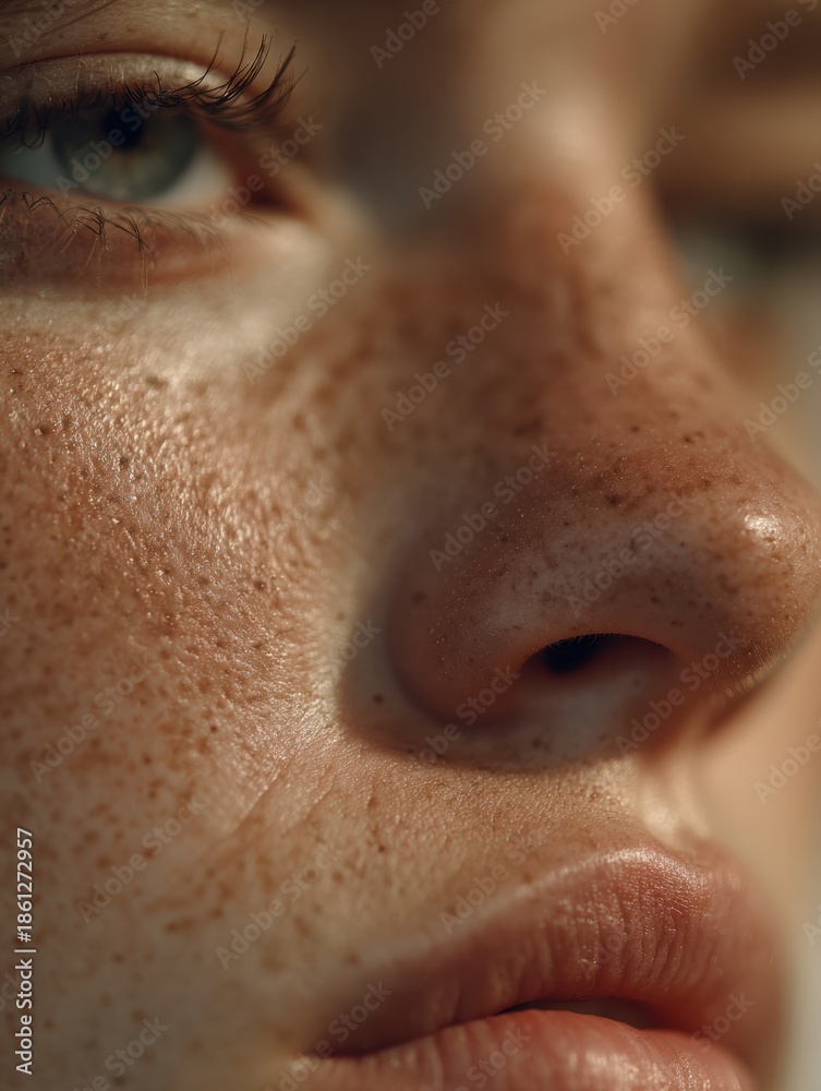 Naklejka premium Close-up Portrait With Natural Skin Texture and Soft Lighting Featuring Authentic Expression and Space for Text in a Neutral Background Setup