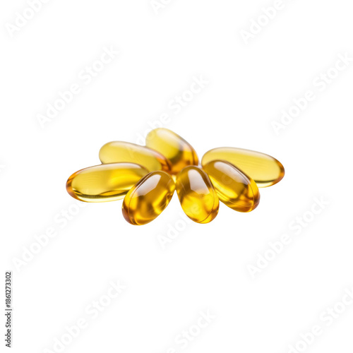 Heap of golden gel capsules or oil pills