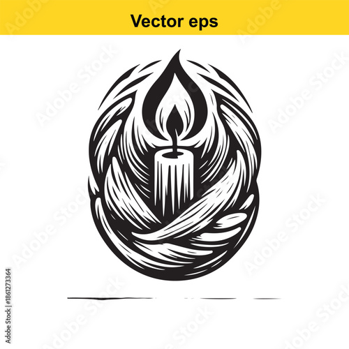 An engraving style black and white image of a single candle surrounded by swirling elements