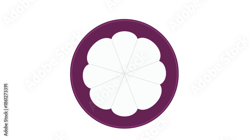 Vibrant tropical mangosteen fruit illustration, showcasing its distinct purple outer shell and perfectly segmented white edible flesh, a delicious