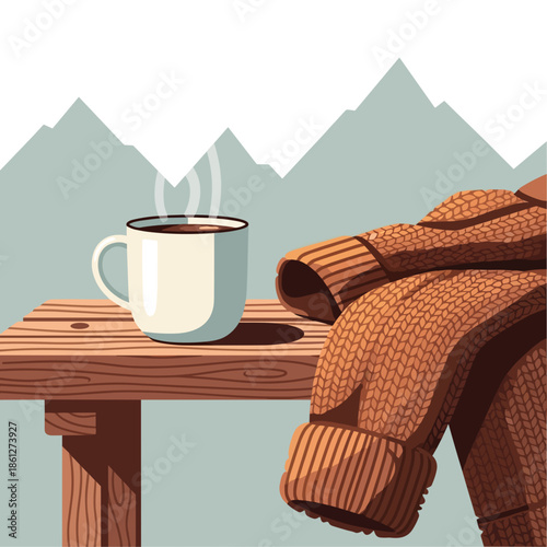 Vector illustration of a cozy scene with a steaming cup and a knitted sweater on a wooden table
