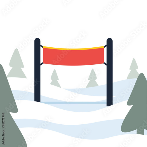 Vector illustration of a snowy landscape with a red banner between trees in a minimalist style