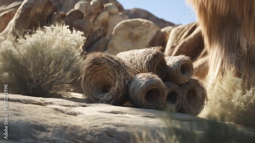 A natural scene depicts rolls of vegetation on a sandy surface near stones, with a plant in the background