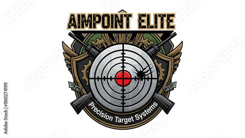 Emblematic graphic design for precision aiming, showcasing a target with a bullseye hit, framed by gears and abstract firearm elements, symbolizing accuracy and skill