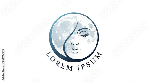 Serene celestial moon and tranquil woman's face logo illustration, depicting cosmic harmony and feminine mysticism for spiritual wellness brands, beauty, or astrology concepts