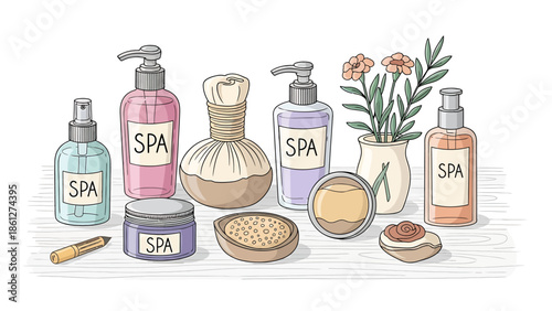 Hand-drawn illustration showcasing a tranquil collection of various spa and skincare essentials, perfect for a soothing self-care routine and promoting relaxation and well-being