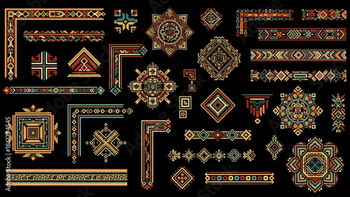Collection of Ethnic Ornaments and Geometric Decorative Borders in Traditional Colors