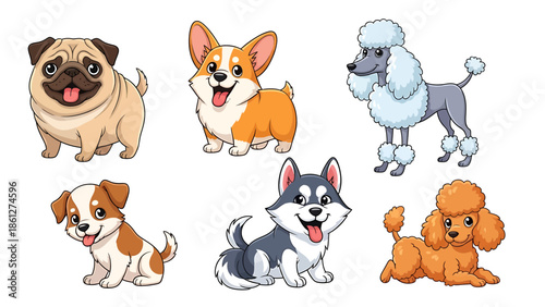 Adorable cartoon collection of happy dog breeds playful pug, cheerful corgi, fluffy poodles, energetic husky, and cute puppy. Perfect for pet designs