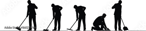Professional janitorial service workers silhouettes set, sweeping, raking, scrubbing, various poses, maintenance crew, isolated black figures wearing suits on white background.