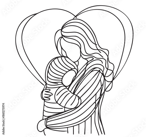 abstract sketch fashion mother and child hugs behind in black striped hoodie