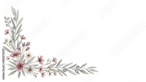 Delicate luxury watercolor corner border with wildflowers and olive branches in soft dusty rose isolated on white background