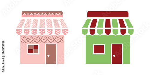 Two stylized shops with awnings and windows store building