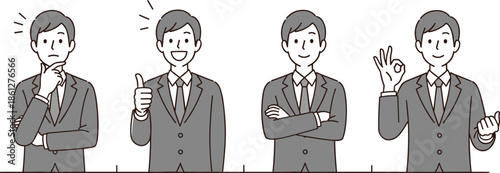 Business expressions, professional gestures, attitude icons, emotional communication, cartoon businessman, workplace mood, character poses, flat vector illustration