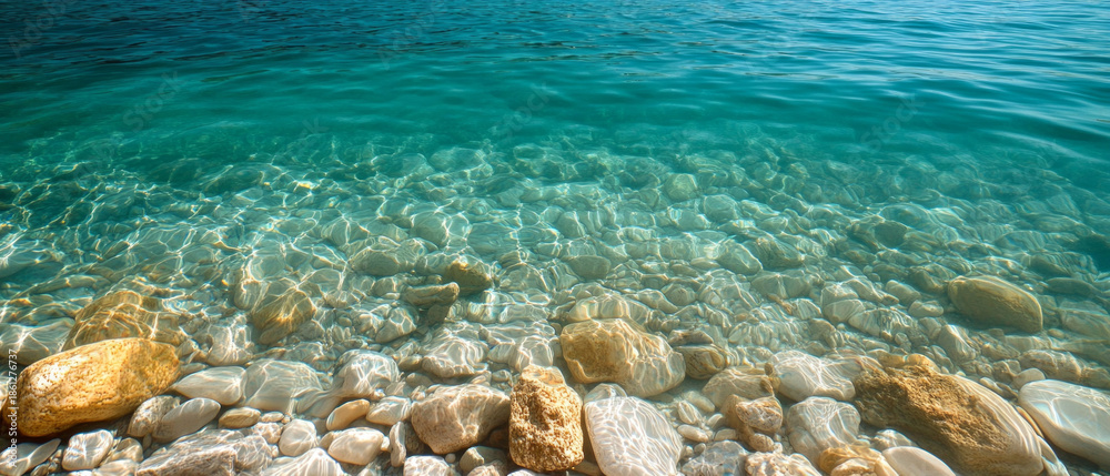 Obraz premium Crystal clear sea water with a transparent bottom and smooth stones conveys the tranquillity of nature, serving as an excellent backdrop for relaxation apps or tourist brochures.
