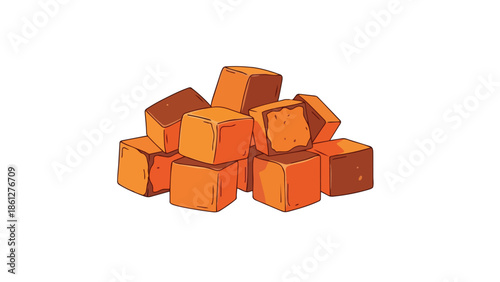 a sweet illustration depicting a charming pile of soft caramel confectionary treats stacked together on a clean white background a delightful cubic